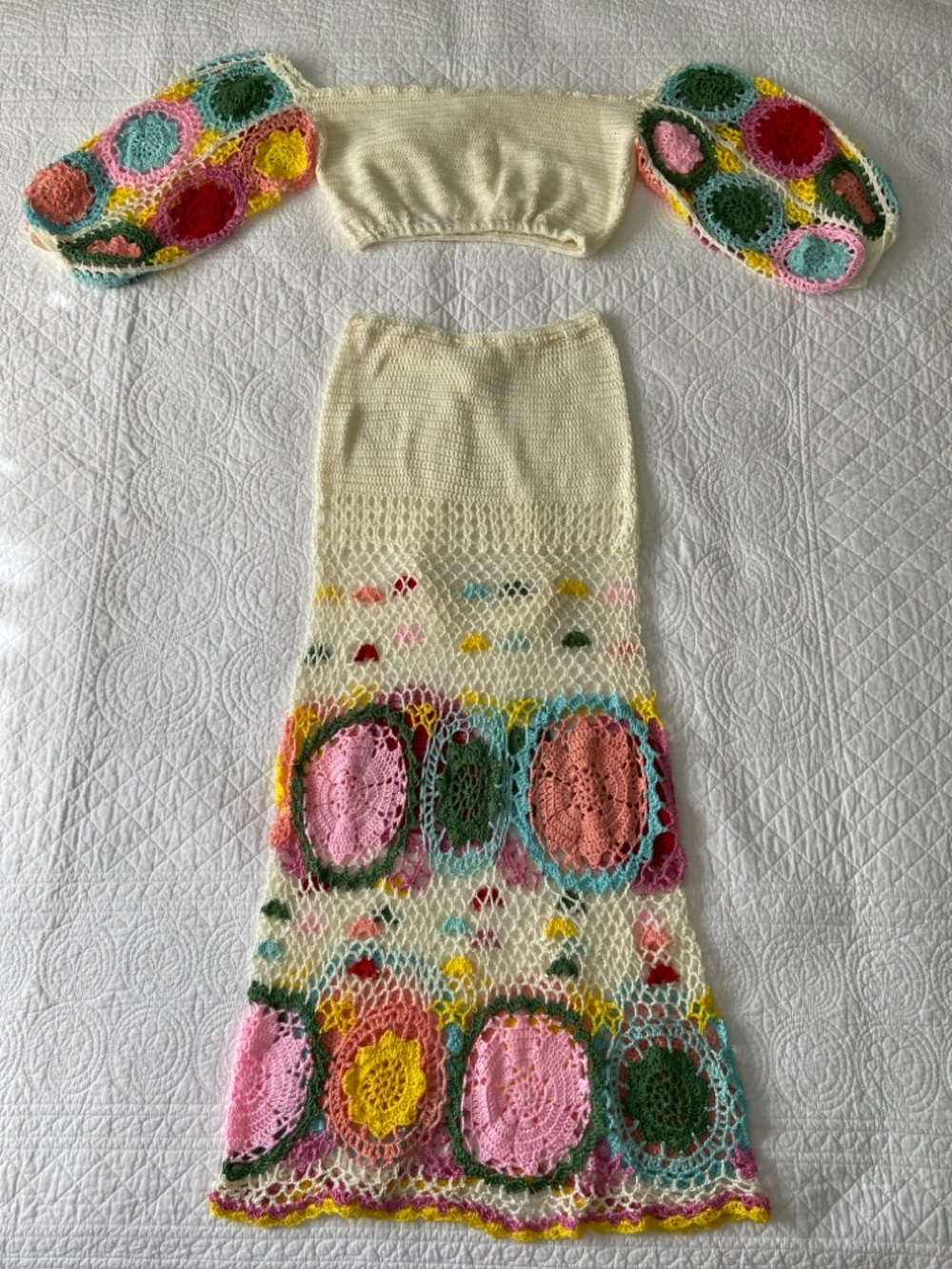 Spell Crochet Set Let the Sunshine In Maxi Skirt and Crop Top Cream Rainbow S - Picture 4 of 17
